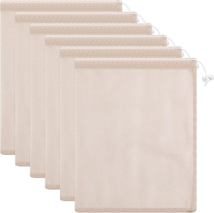 Frienda 6 Pieces Mesh Stuff Sack, 11 x 15 Inch Durable Nylon Drawstring Laundry Bag for Rinsing Beach Toys, Seashell Collecting, Mesh Bags for Travel (Beige Color)