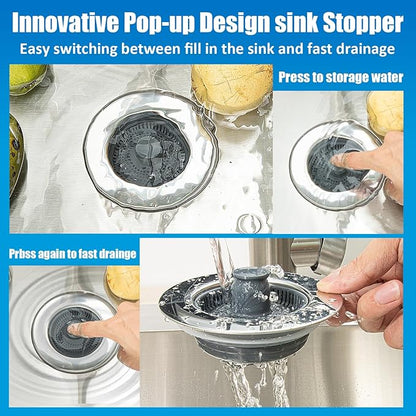 2 Pack 3 in 1 Kitchen Sink Drain Strainer Stopper & Stainless Steel Kitchen Sink Strainers Plug & Upgraded Sink Installation Parts with Anti-Clogging Basket, Fits US Standard 3-1/2'' Hole