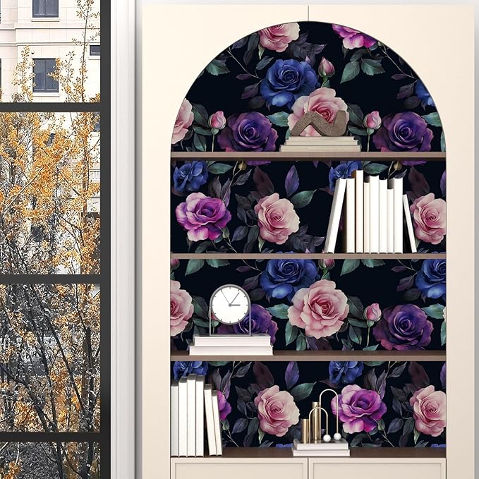 Deep Purple and Blue Roses Peel and Stick Wallpaper 17.5"X118" Gothic Vintage Floral Contact Paper Vinyl Waterproof Self Adhesive Removable Black Background Wall Decor for Bedroom Walls Cabinet Locker