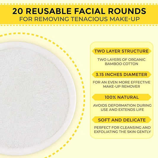 MP MOZZPAK (20 Pack) Reusable Makeup Remover Pads | Bamboo Cotton Rounds for Toner with Laundry Bag | Washable, Eco-Friendly Face Cleansing Wipes and Organic Pad for All Skin Types