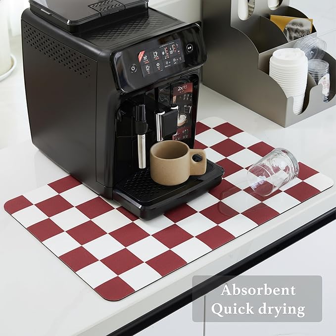 Ohocut Checkered Dish Drying Mat for Kitchen Counter, Coffee Bar Station Accessories, Retro Cute Aesthetic Modern Absorbent Drainer Mat Kitchen Drying Mat Easy Clean (Red, 24" x 16")