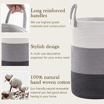 YOUDENOVA Woven Rope Laundry Hamper Basket, 58L Tall Luandry Basket, Baby Nursery Hamper for Blanket Storage, Clothes Hampers for Laundry in Bedroom