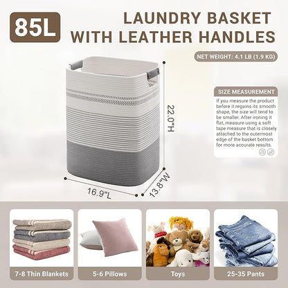 85L Tall Laundry Hamper with Handles for Living Room Storage, Extra Large Woven Rope Baskets Bin for Blanket, Kids Toy, Gifts, Wicker Hamper for Bedroom Dirty Clothes, 17"x14"x22" White Grey