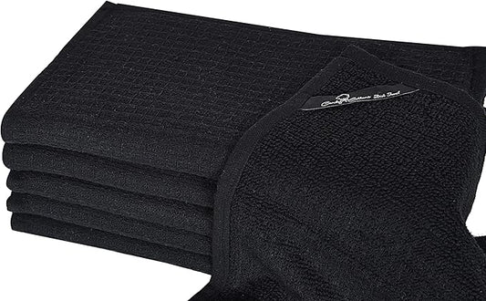 Dish Towels|Kitchen Dish Cloths Two-Sided Waffle Terry|13x28 Inches 100% Cotton Dish Rags Washing Dishes|Super Absorbent Reusable Quick Drying Dish Towels| 6-Pc Set Black