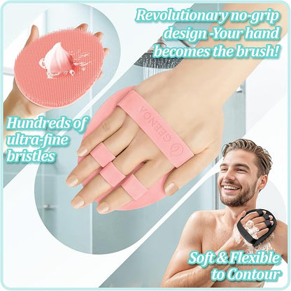 Silicone Bath Gloves 2PCS, 360° Anti-Slip Silicone Body Scrubber for Rich Foaming Deep Cleaning, Revolutionary No-Grip & Hand-fit Design Shower Scrubber for All Skin Types(Black+Light Pink)