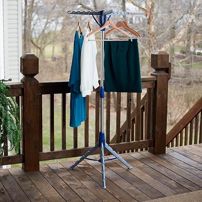 Household Essentials 5009-1 Collapsible Portable Indoor Tripod Clothes Drying Rack for Hanging Laundry | Silver and Blue Medium