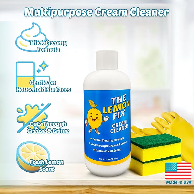 Cream Cleaner and Lemon All Purpose Cleaner for Kitchen, Bathroom, Shower, Tile & Oven, Cuts Grease & Grime, Gentle Formula Multipurpose Cleaner, The Lemon Fix, Made in USA, 16oz Bottles, 2 Pack
