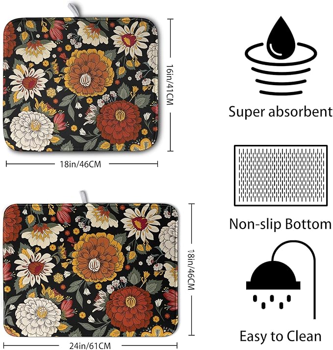 Vintage Floral Dish Drying Mat for Kitchen Counter Retro Sunflower Floral Absorbent Microfiber Dry Dish Mat Reversible Washable Dish Drainer Rack Mat 16x18 Inch