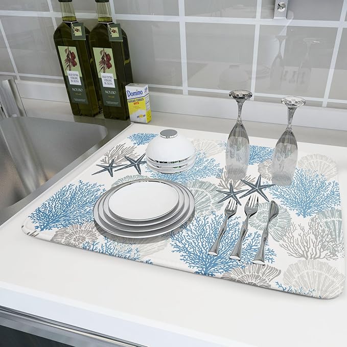 Coastal Blue Gray Dish Drying Pad 18 x 24 Inch With Absorbent Reversible Microfiber Starfish Seashell Coral Nautical Summer Drying Mats Dish Drainer Mat Fast Dry For Kitchen Dining Room Decoration