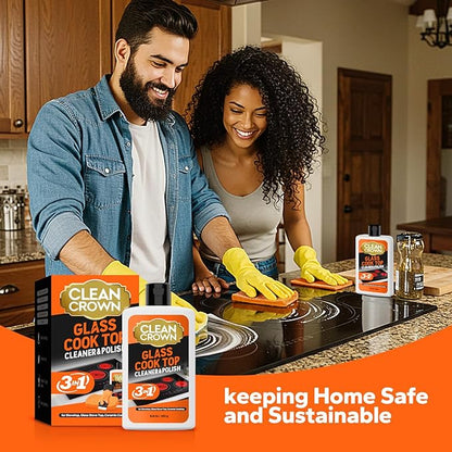 3-in-1 Cooktop Cleaner Kit (8.8 Oz Cooktop Cleaner + Scrubbing Pad + Scraper), Stovetop Cleaner for Electric Top Stoves, Ceramic Cooktops & Fireplace Glass, Remove Burned on Food, Grease