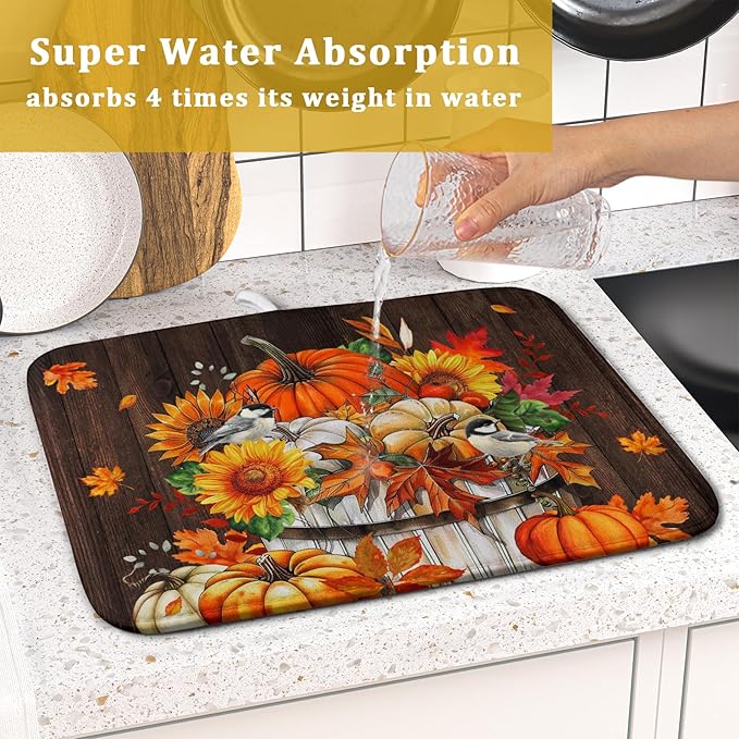Fall Pumpkin Dish Drying Mat for Kitchen Counter Decor 16x18 Inch Halloween Thanksgiving Dish Drainer Mats Absorbent Reversible Dishes Pad