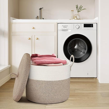 18" X18“ X 14" Large Storage Basket with Lid, Blanket Basket Living Room, Woven Cotton Rope Storage Box, Lidded Kids Dog Toy Bin, Wicker Laundry Basket, Blankets Pillows Organizer Holder