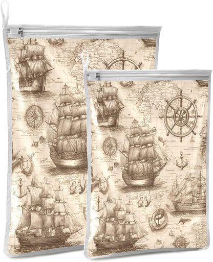 Mesh Laundry Bags Lingerie Bags for Washing Delicates 2 PCS Durable Wash Bag with Zipper Small and Medium Washable Vintage World Map Pirate Sailing Ship Anchor