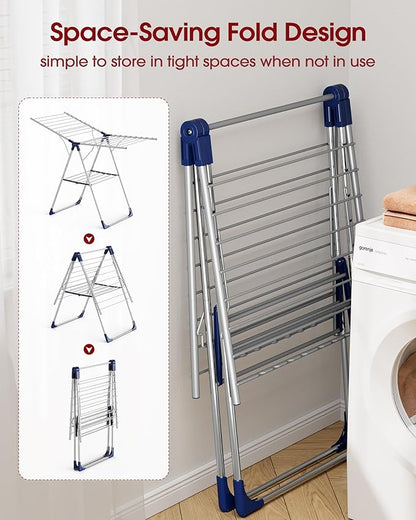 Clothes Drying Rack with Height-Adjustable Wings, Metal Foldable Laundry Dryer Stand for Clothing & Bedding, Free-Standing Collapsible for Indoor & Outdoor Use, 55.5" L × 22.8" W, Silver Blue