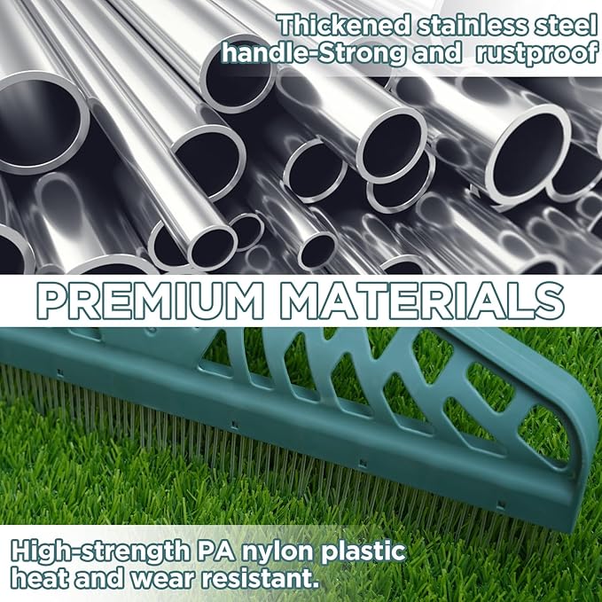 Artificial Turf Rake with Adjustable Steel Handle from 32 to 61 Inch, Durable Artificial Grass Rake, Turf Brush for Cleaning pet Hair, Large Fallen Leaves and Dead Grass from Artificial Turf
