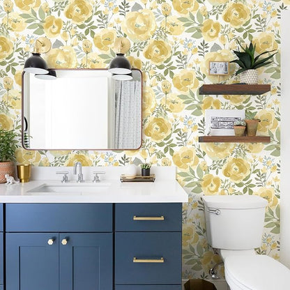 Orainege Floral Wallpaper Peel and Stick Wallpaper 16.9inx118.1in Self Adhesive Wallpaper Boho Contact Paper Removable Decorative Wall Paper for Bedroom Bathroom Shelf Liner Decor Vinyl,Yellow