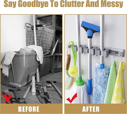 DrDirt Mop and Broom Holder Wall Mount | Heavy Duty Aluminum Mop & Broom Organizer with 3 Slots and 4 Hooks | Wall Mounted Storage for Kitchen, Bathroom, Laundry Room