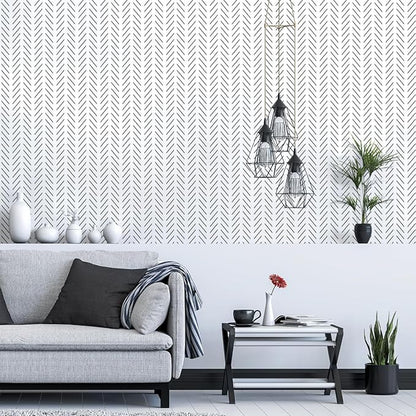 Erfoni Black and White Peel and Stick Wallpaper Modern Herringbone Contact Paper 17.7inch x 393.7inch Black Geometric Removable Wallpaper Modern DIY Self Adhesive Wall Paper for Livingroom Decor