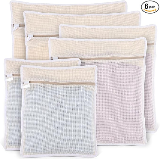 Dntorx 6Pcs Durable Cotton Mesh Laundry Bags for Delicates, 12×16in+16*20in+20*24in Breathable Laundry Mesh Wash Bags with Sturdy Zipper for Delicates, Clothes, Pants, Underwear, Bra, Socks (M+L+XL)