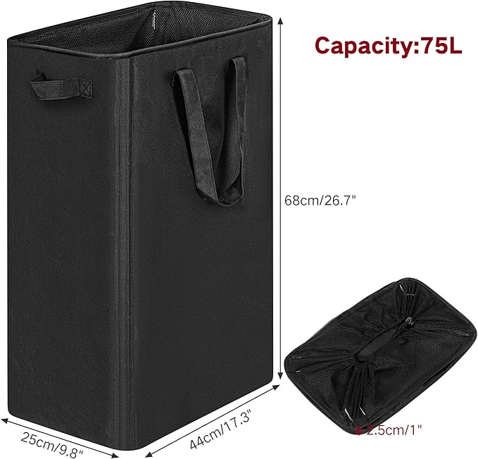 efluky Slim Laundry Basket, Narrow Laundry Hamper with Handles, Collapsible Dirty Clothes Hamper, Tall Laundry Bin for Laundry Room, Dorm and Bedroom, 19.8 Gallon(75L) Black (Pack of 2)