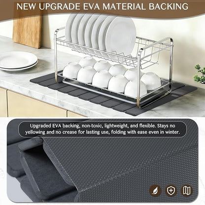 Large Stone Dish Drying Mat for Kitchen Counter, Thin & Light Quick Dry Stone Dishes Mat, Foldable Water Absorbing Diatomite Drying Pad for Kitchen Bathroom Sink Countertop (Pure Gray 24"×16" & 8"x4")