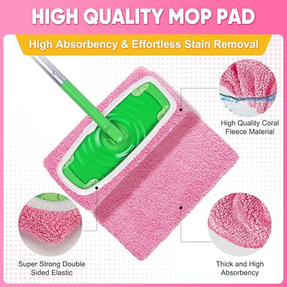 6-Pack Reusable Mop Pads Compatible with Sweeper Mop - 100% Coral Fleece Washable Refills - Microfiber Dry & Wet Sweeping Cloths for Multi-Surface/Hardwood Floor Cleaning- Pink