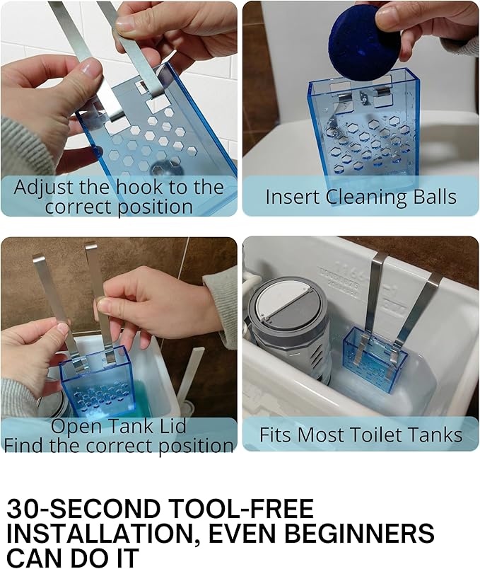 Toilet Tank Cleaning Tablet Holder with Adjustable Stainless Steel Hook – Hanging Dispenser Carrier for Toilet Bowl Cleaners – Prevents Residue Buildup and Tank Damage (Sky Blue, Trumpet)