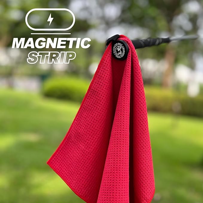 Magnetic Golf Towel with Clip, Microfiber Waffle Design - Industrial Strength Magnet for Strong Hold to Golf Bags, Carts & Clubs - Red
