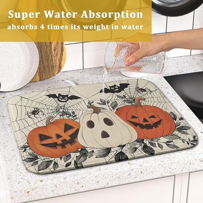 Halloween Pumpkin Dish Drying Mat for Kitchen Counter 16x18 Black Bat Spiderweb Holiday Scary Theme Absorbent Reversible Microfiber Drying Mats Kitchen Countertop Protector Dishes Drainer Pad
