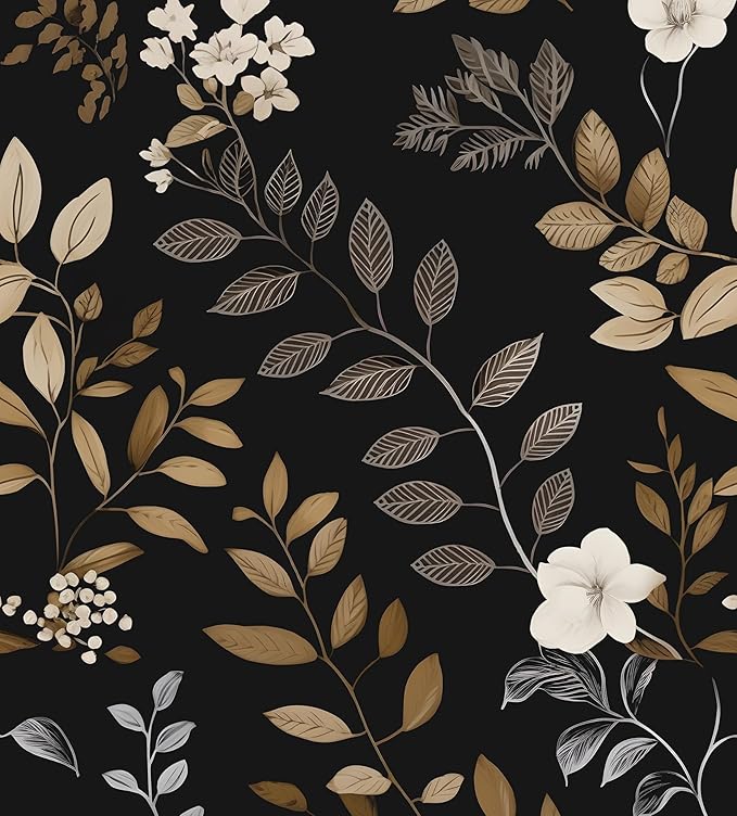 Laatse Black Floral Wallpaper Peel and Stick Vintage Leaf Contact Paper Waterproof Self Adhesive Removable Modern Boho Wall Paper for Bedroom Cabinets Kitchen Locker Drawer 17.5"X118"
