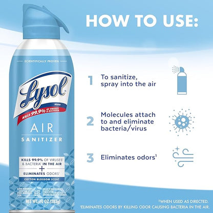 Lysol Air Sanitizer Spray with Bacterial Odor Eliminator for Home & Office, Sanitizing Air Spray, Air Freshener Alternative, Cotton Blossom Scent, 10 oz (Pack of 3)