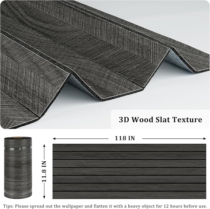 Self Adhesive Wood Slat Wall Paneling Grey/Black 3D Wood Panels for Wall Decor Soundproof Peel and Stick Wooden Grain Panel Wallpaper for Living Room Bedroom Dinner Office 11.8" x 118"