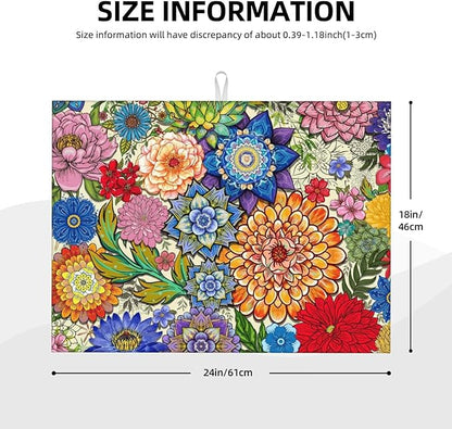 Boho Floral Dish Drying Mats for Kitchen Counter 18" x 24", Absorbent Microfiber Colorful Drying Pad for Dishes, Washable Foldable Reversible Decorative Kitchen Mat for Dining Area Sink, Home Decor