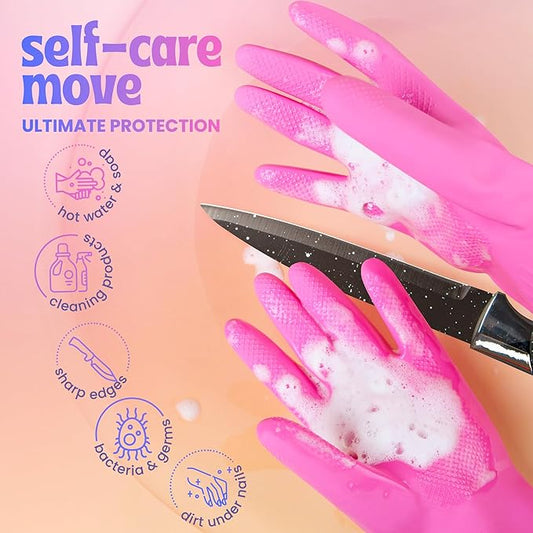 Happy Hands Rubber Cleaning Gloves – Versatile Waterproof Reusable Pink Gloves for Kitchen, Dishwashing, and Household Tasks, Hi-Tech Grip, Non-Slip, Tear-Resistant & Skin Friendly