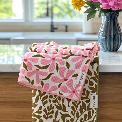 RECYCO Waffle Kitchen Towel Set of 2 - Quick Dry Microfiber Sustainable Dish Towels - Ultra Absorbent Reusable Cleaning Tea Towels - Lightweight Hand Towels,16”x 28”, Petal & Leaf