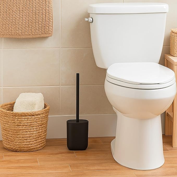 Oval Black Toilet Brush and Holder Set - Minimalist Polyresin Base, Stainless Steel Handle, Silicone Head - Japandi Collection