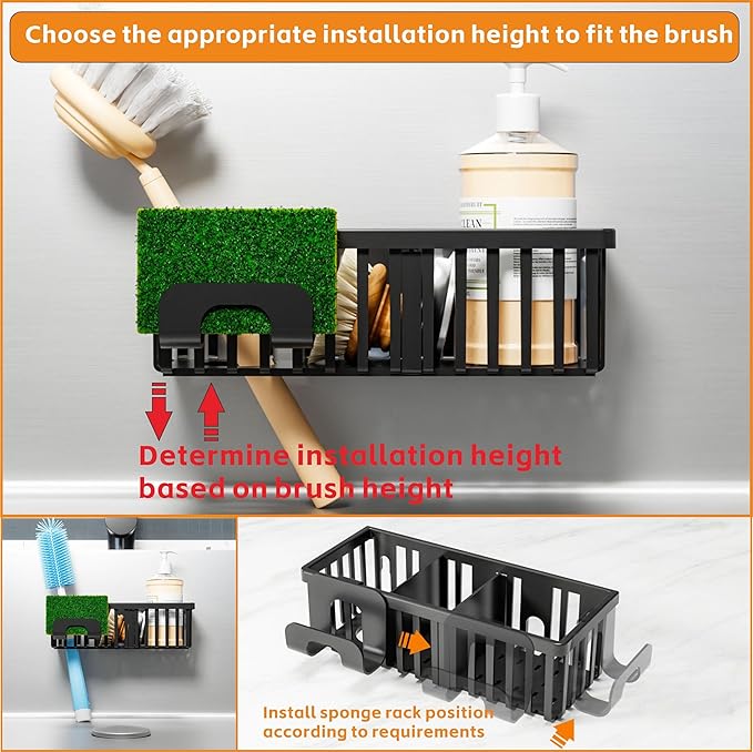 Yieach 3 in 1 Kitchen Sink Caddy Sponge Holder with Suction Cup and Adhesive,Plastic Rust-Proof kitchen Scrubber,Dish Scrub,Dish Soap Holder,Black Hanging Sponge Rack and In Sink Organizer Essentials