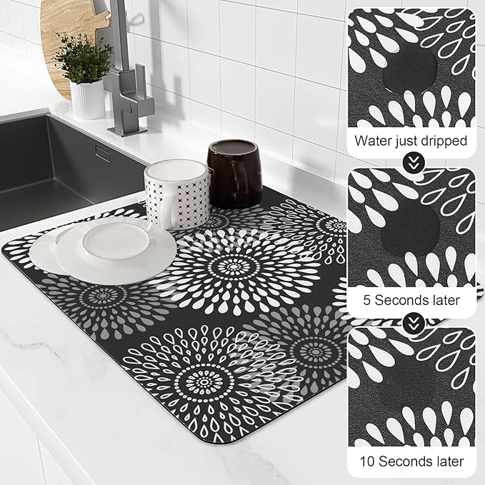 LuxStep Dish Drying Mat Super Absorbent Kitchen Counter Mat Rubber Backing Draining Mat Easy to Clean Kitchen Accessories Dish Rack Pad for Dishes, Utensils, Countertops, Sinks 15" x 18" Black