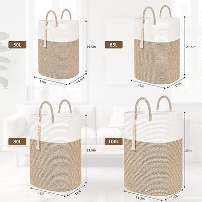 Woven Laundry Basket for Clothes, 100L Large Rectangle Laundry Hampers with Beads Tassel, Nursery Storage Basket for Toys, Tall Dirty Clothes Hamper for Bedroom Aesthetic, Laundry Room Organization