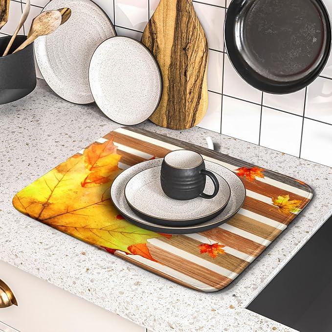 Autumn Golden Maple Leaf Dish Drying Mat for Kitchen Counter,Rural Wood Light Brown Stripes Drying Mat 16 x 18 Inch Microfiber Dish Drying Pad Dish Rack Drainer Mat for Coffee Bar