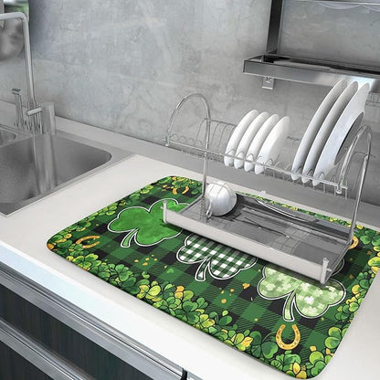 St Patrick's Day Green Clover Dish Drying Mat 18 x 24 Inch With Absorbent Reversible Microfiber Spring Buffalo Plaid Lucky Clover Shamrock Drying Dish Drainer Mat Fast Dry For Kitchen Dining Room