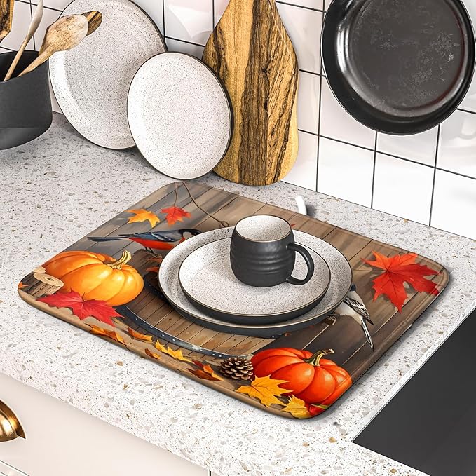 Fall Dish Drying Mat for Kitchen Counter 16x18 Autumn Pumpkin Birds Harvest Theme Thanksgiving Absorbent Reversible Microfiber Drying Mats Kitchen Countertop Protector Dishes Drainer Pad