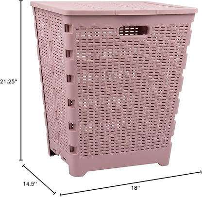 Mind Reader 61L Foldable Laundry Hamper, Clothes Basket, Lid, Wicker Design, Plastic, 18"L x 14.5"W x 21.25"H, Pink
