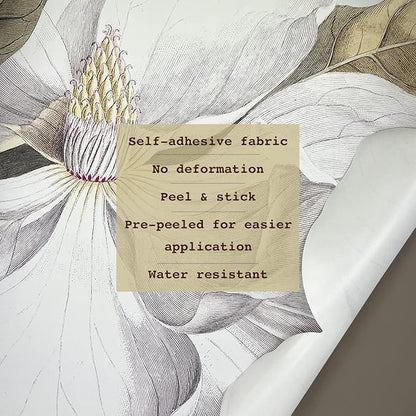 Fabric Peel and Stick Floral Sticker Decal, Self-Adhesive Peony Flowers Wallpaper, Rose Sticker for Living Room Bedroom Wall Decor, Single Large Vintage Magnolia