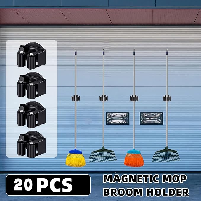 Vercraft 20 Pcs Magnetic Mop Broom Holder Movable Magnetic Broom Holder Rack, Anti Slip Wall Mounted Utility for Cleaning Tools, Garage, Kitchen, Laundry, Garden (Black)