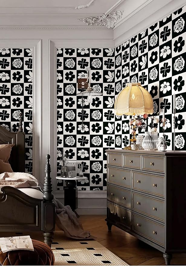 Dimoon 17.3''x78.7'' Peel and Stick Wallpaper Black White Floral Contact Paper Geometric Retro Vintage Thickening Embossed Cream Flower Renter Friendly Wall Paper Boho Aztec Bedroom Vinyl Wrap Roll