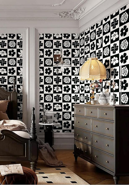 Dimoon 17.3''x78.7'' Peel and Stick Wallpaper Black White Floral Contact Paper Geometric Retro Vintage Thickening Embossed Cream Flower Renter Friendly Wall Paper Boho Aztec Bedroom Vinyl Wrap Roll