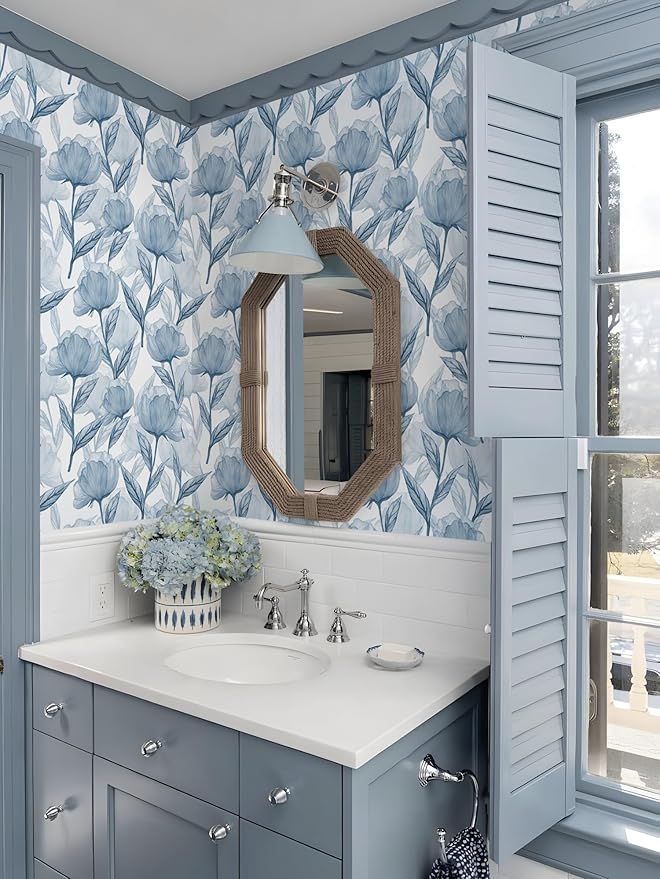 Heroad Blue Peel and Stick Wallpaper Boho Large Floral Contact Paper Modern Wall Paper Cabinets Waterproof Removable Self Adhesive Wallpaper for Bathroom Vinyl Roll 17.3"x393"