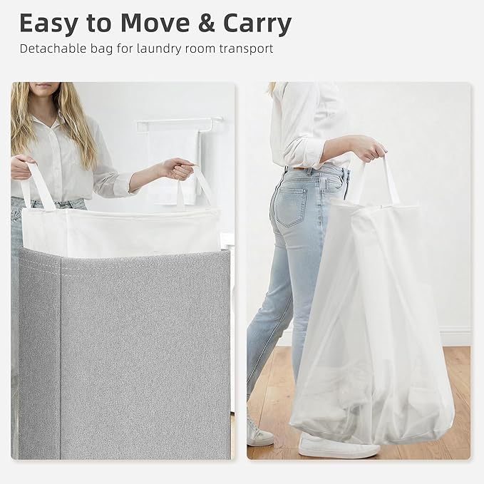 STORAGE MANIAC Double Laundry Hamper with Lid, 140L Tall Metal Frame Laundry Baskets with Removeable Bag, Large Clothes Hamper with PU Tag, Laundry Bin for Dorm, Collage, Bathroom, Bedroom, Gray