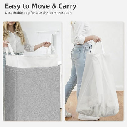 STORAGE MANIAC Double Laundry Hamper with Lid, 140L Tall Metal Frame Laundry Baskets with Removeable Bag, Large Clothes Hamper with PU Tag, Laundry Bin for Dorm, Collage, Bathroom, Bedroom, Gray